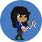 Cartoon dental hygienist character holding toothbrush and floss on blue circular background.