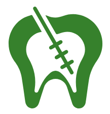 Green tooth icon with dental suture symbolizing tooth repair and dental care treatment.
