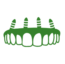 Green dental implant illustration showing four implant posts above a row of white replacement teeth.