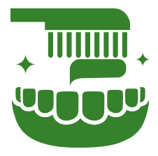 Green stylized dental logo featuring a smiling face with teeth and toothbrush elements