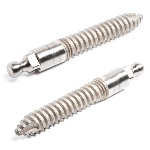 Two dental implant screws with threaded bodies and metal components on white background.